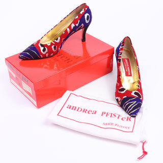 1980s Andrea Pfister Red Blue & Gold Abstract Leopard Print Shoes 80s