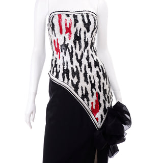 80s Ann Lawrence Red Black & White Beaded Sequins Strapless Dress