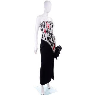 1980s Ann Lawrence Red Black & White Beaded Sequins Strapless vintage Dress