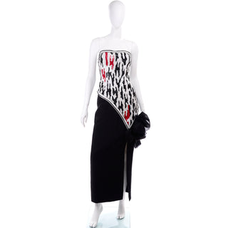 Vintage Ann Lawrence Red Black & White Beaded Sequins Strapless Dress