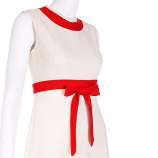  1960s Anne Fogarty Boutique Vintage Cream & Red Sleeveless Dress with front tie bow