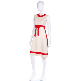 1960s Anne Fogarty Boutique Vintage Cream & Red Sleeveless Dress 60s 