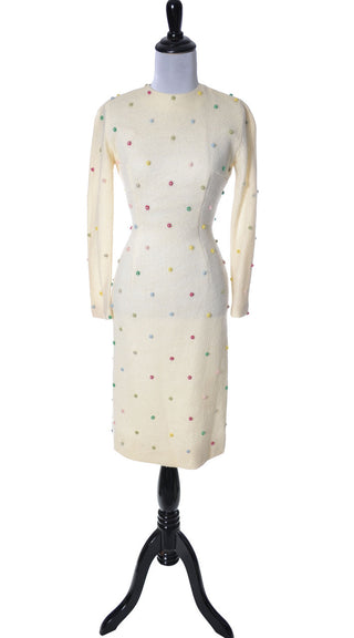 1960's Winter White Anne Fogarty Vintage Dress w Pom Poms - Dressing Vintage