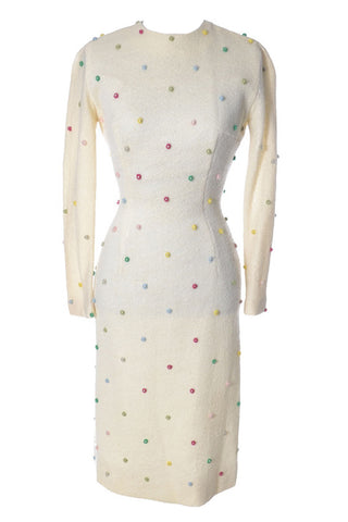 1960's Winter White Anne Fogarty Vintage Dress w Pom Poms - Dressing Vintage