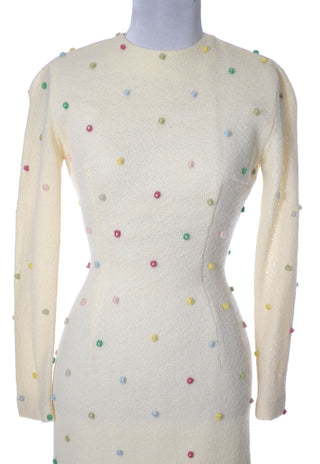 Anne Fogarty Vintage Dress in White Wool w Colorful Mini Pom Poms Modig Anne Fogarty Vintage Dress in White Wool w Colorful Mini Pom Poms Modig