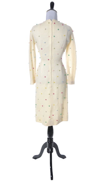 Anne Fogarty Vintage Dress in White Wool w Colorful Mini Pom Poms Modig Anne Fogarty Vintage Dress in White Wool w Colorful Mini Pom Poms Modig