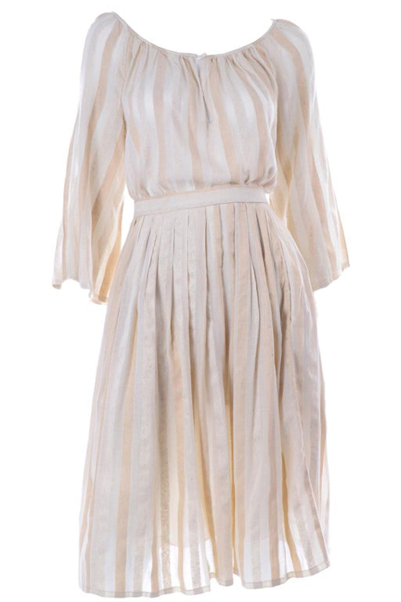 1970's Anne Klein Beige Silk & Linen Stripe 2 Piece Neutral Vintage Dress Modig 1970's Anne Klein Beige Silk & Linen Stripe 2 Piece Neutral Vintage Dress Modig