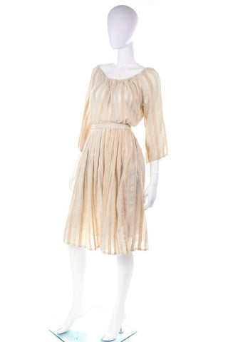 Anne Klein Natural Oatmeal Silk & Linen Stripe 2 Piece Vintage Dress