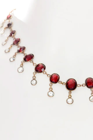 Vintage Antique Garnet Crystal Fringe Collar Necklace 9k