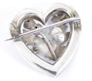 Agate Inlaid Sterling Silver Victorian Scottish Thistle Vintage Heart Brooch - Dressing Vintage
