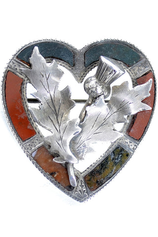 Agate Inlaid Sterling Silver Victorian Scottish Thistle Vintage Heart Brooch - Dressing Vintage