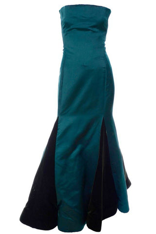 Vintage Scaasi strapless evening gown with unique green velvet panels in the trumpet skirt
