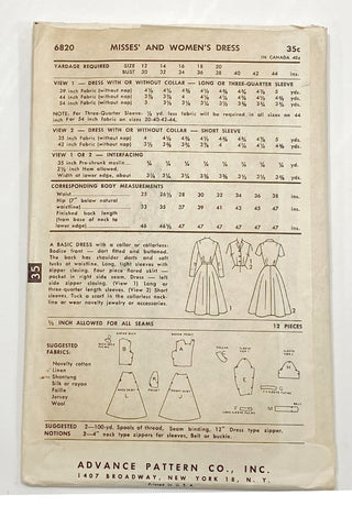 1950s Advance 6820 Vintage dresses sewing pattern 