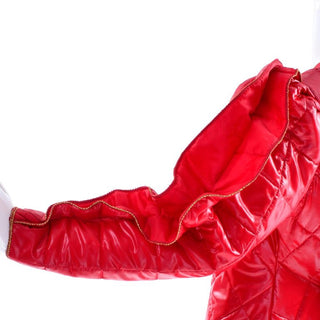 1980s Landeaux Vintage Red Quilted Coat w/ Statement Ruffle Sleeves
