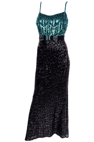 1990s Badgley Mischka Black Evening Dress W Green Beads & Sequins