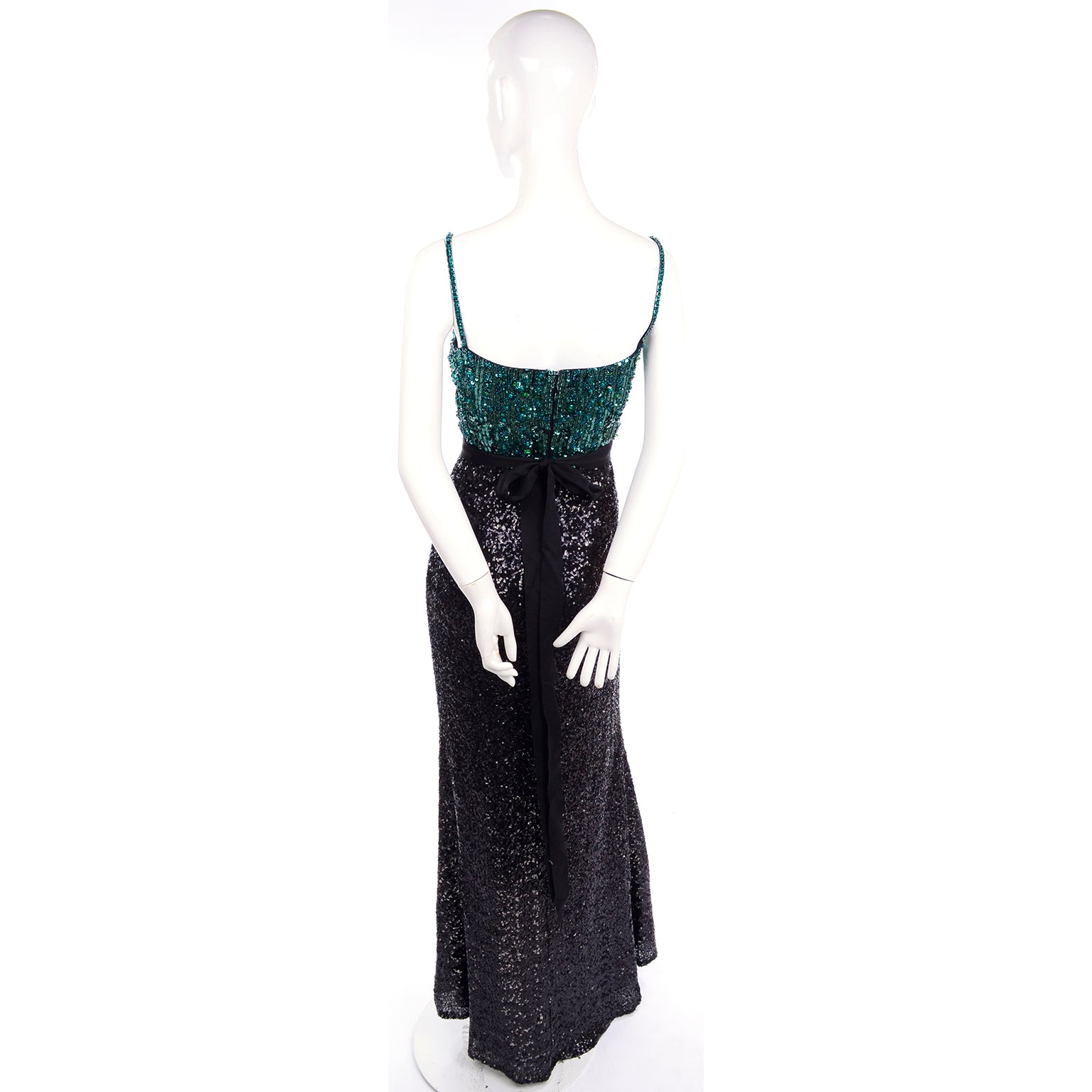 Vintage Badgley Mischka Black Evening Dress W Green Beads & Sequins Modig Vintage Badgley Mischka Black Evening Dress W Green Beads & Sequins Modig