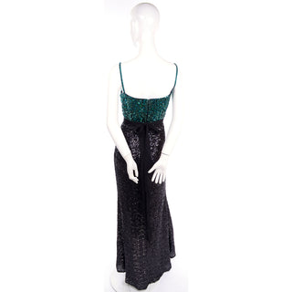1990s Badgley Mischka Black Evening Dress W Green Beads & Sequins w art deco design