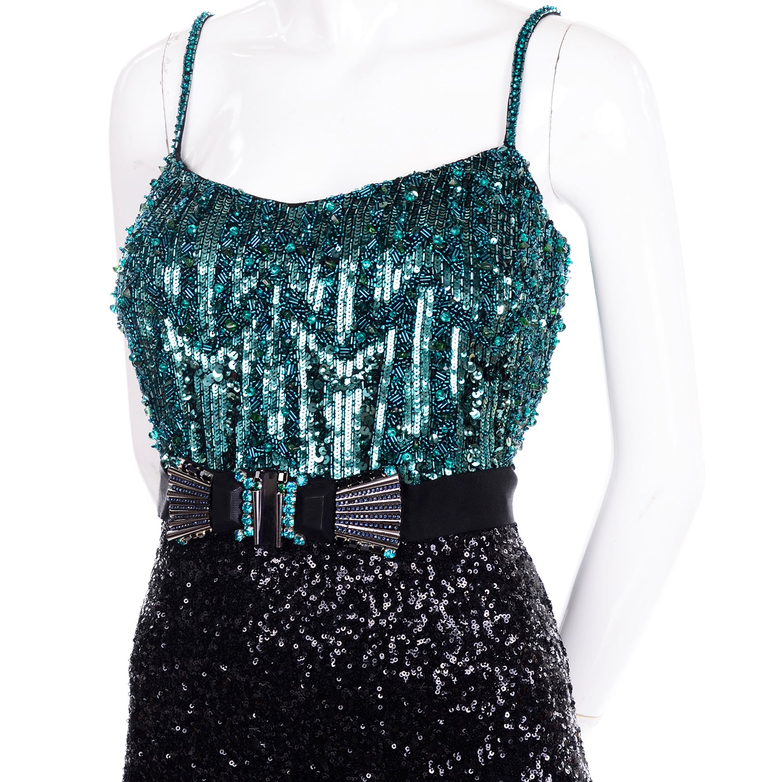 Vintage Badgley Mischka Black Evening Dress W Green Beads & Sequins Modig Vintage Badgley Mischka Black Evening Dress W Green Beads & Sequins Modig