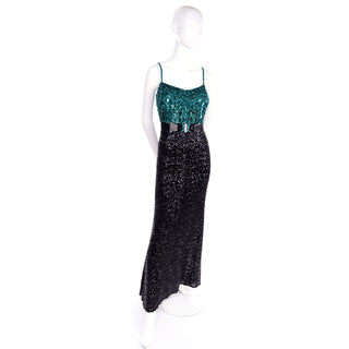 Size 8 1990s Badgley Mischka Black Evening Dress W Green Beads & Sequins