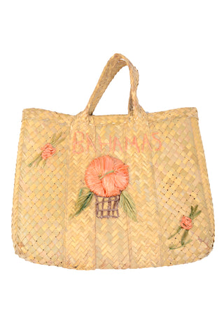 1960s Woven Straw Bahamas Embroidered Tote Bag