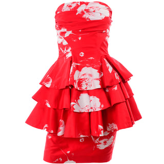 Vintage Barboglio Cristina Jan 2 Pc Strapless Peplum Dress in Red Floral Print