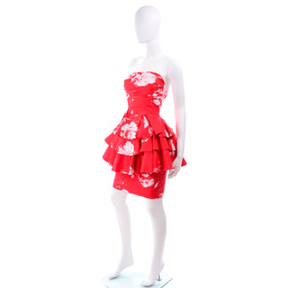 Vintage Barboglio Cristina Jan 2 Pc Strapless Peplum Dress in Red Floral Print Ruffles