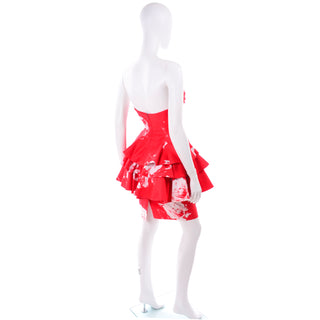Vintage Barboglio Cristina Jan 2 Pc Strapless Peplum Dress in Red Floral Print 90s