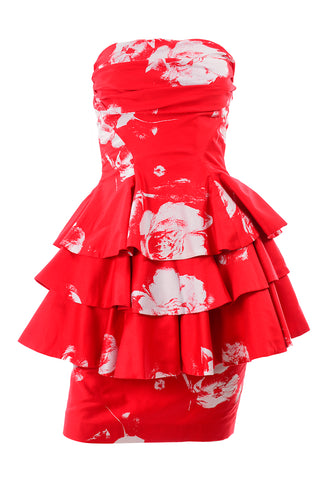 Ruffled Vintage Barboglio Cristina Jan 2 Pc Strapless Peplum Dress in Red Floral Print