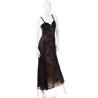 90s Designer Vintage Black Beaded Evening Dress