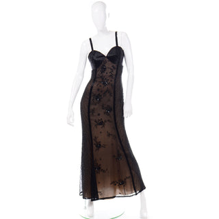 1990s Designer Vintage Black Beaded Evening Dress