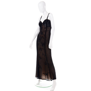 Designer Vintage Sheer Black Beaded Evening Dress