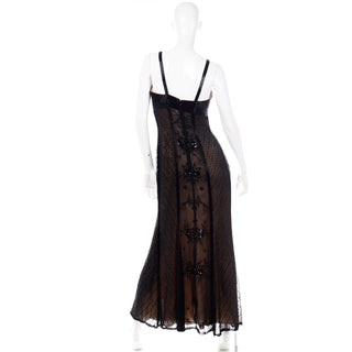 1990s Designer Vintage Black Beaded Evening Dress Gown