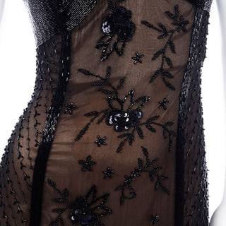 Designer Vintage Black Beaded Evening Dress Gown 1990s Sheer Silk
