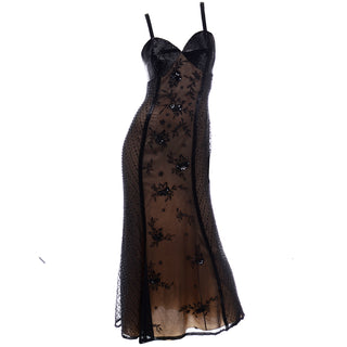 1990s Sheer Black Designer Vintage Beaded Evening Dress