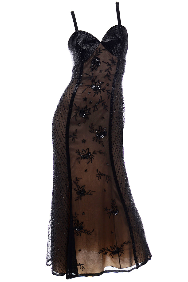 Vintage 1990s Silk Beaded Sheer Black Evening Gown Dress Modig Vintage 1990s Silk Beaded Sheer Black Evening Gown Dress Modig