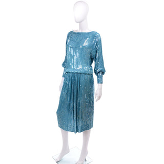 Teal beaded vintage dress w mutton sleeves