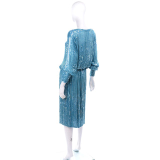 Vintage Blue Teal 1980's Evening Dress with Beads and Sequins