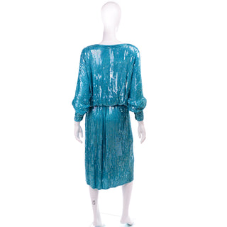 1980s Beaded Aqua Blue Silk 2 Pc Evening Dress w/ Sequins Medium