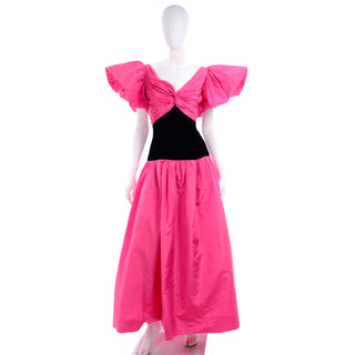 1980s Pink and Black Evening Dress with Huge Shoulders