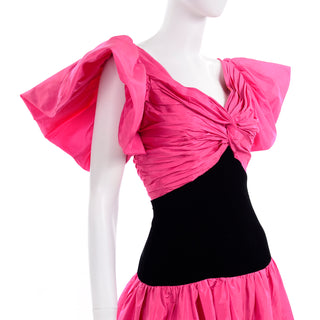 1980s Pink & Black Vintage Evening Gown w/ Butterfly Statement Sleeves