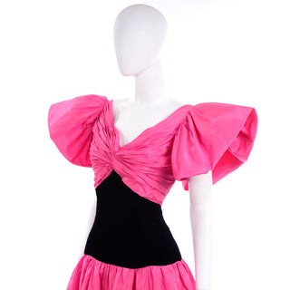 1980s Pink & Black Vintage Evening Gown w/ Butterfly Statement Sleeves