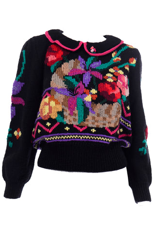 1980s Berek Vintage Multicolor Floral Sweater With Peter Pan Collar