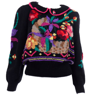 1980s Berek Vintage Multicolor Floral Sweater With Peter Pan Collar Hand Knitted flower basket