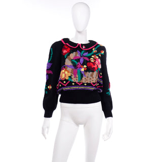 1980s Berek Vintage Multicolor Floral Sweater With Peter Pan Collar 1988