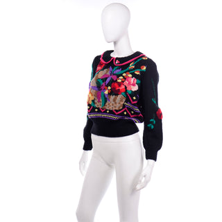 Colorful Wool 1980s Berek Vintage Multicolor Floral Sweater With Peter Pan Collar