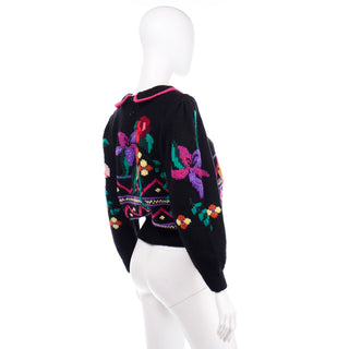 Wool 1980s Berek Vintage Multicolor Floral Sweater With Peter Pan Collar