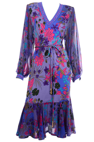 Vintage Averardo Bessi purple floral silk jersey dress with sheer balloon sleeves