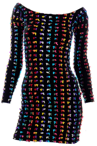 Vintage Betsey Johnson Black Stretch Punk Label Mini Dress W Rainbow Bows