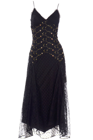 1990s Betsey Johnson Black Lace & Tulle Evening Dress W Floral Embroidery