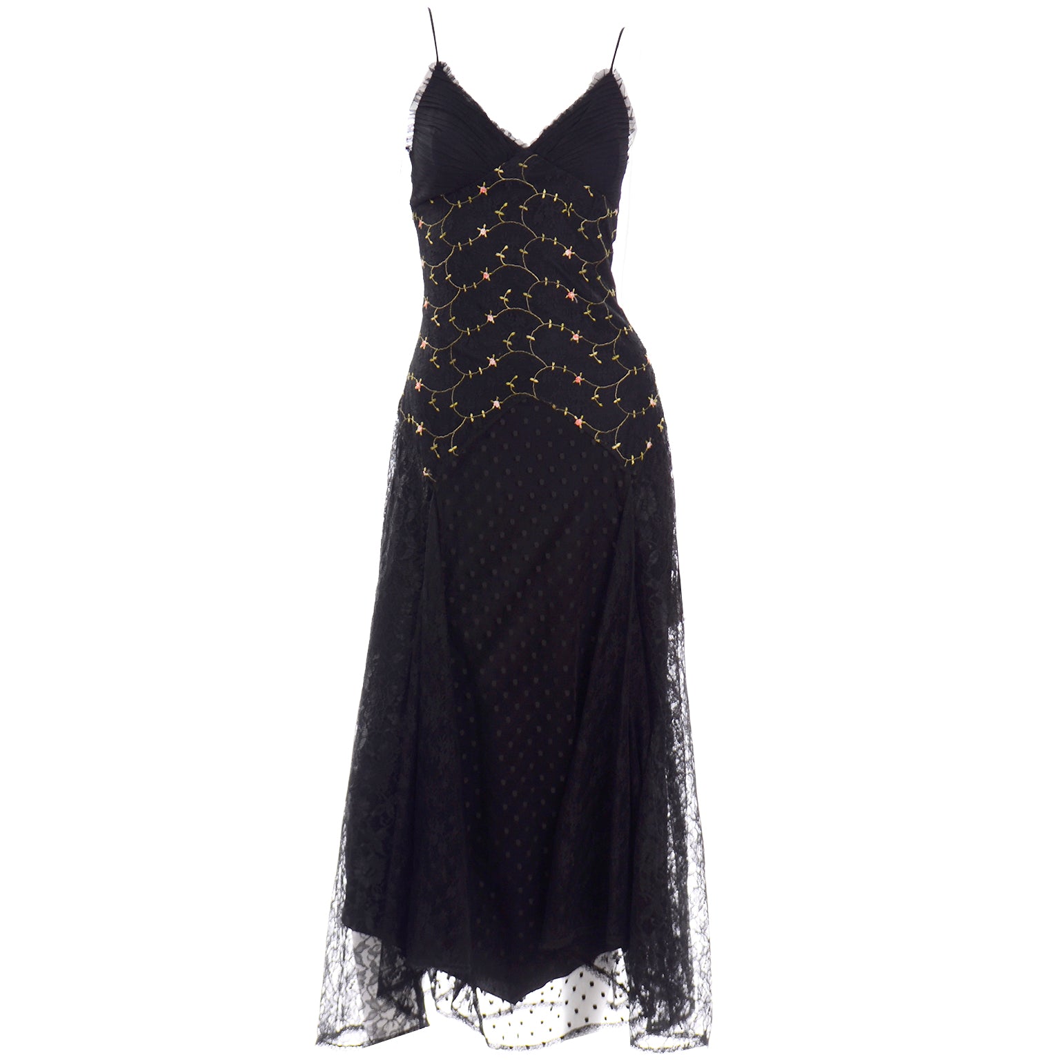 Vintage Betsey Johnson Black Lace & Tulle Embroidered Evening Dress Modig Vintage Betsey Johnson Black Lace & Tulle Embroidered Evening Dress Modig